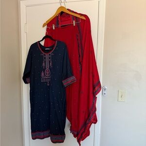 Elegant Navy Blue and Red Embroidered Dress, pants, and wrap (3 pieces).